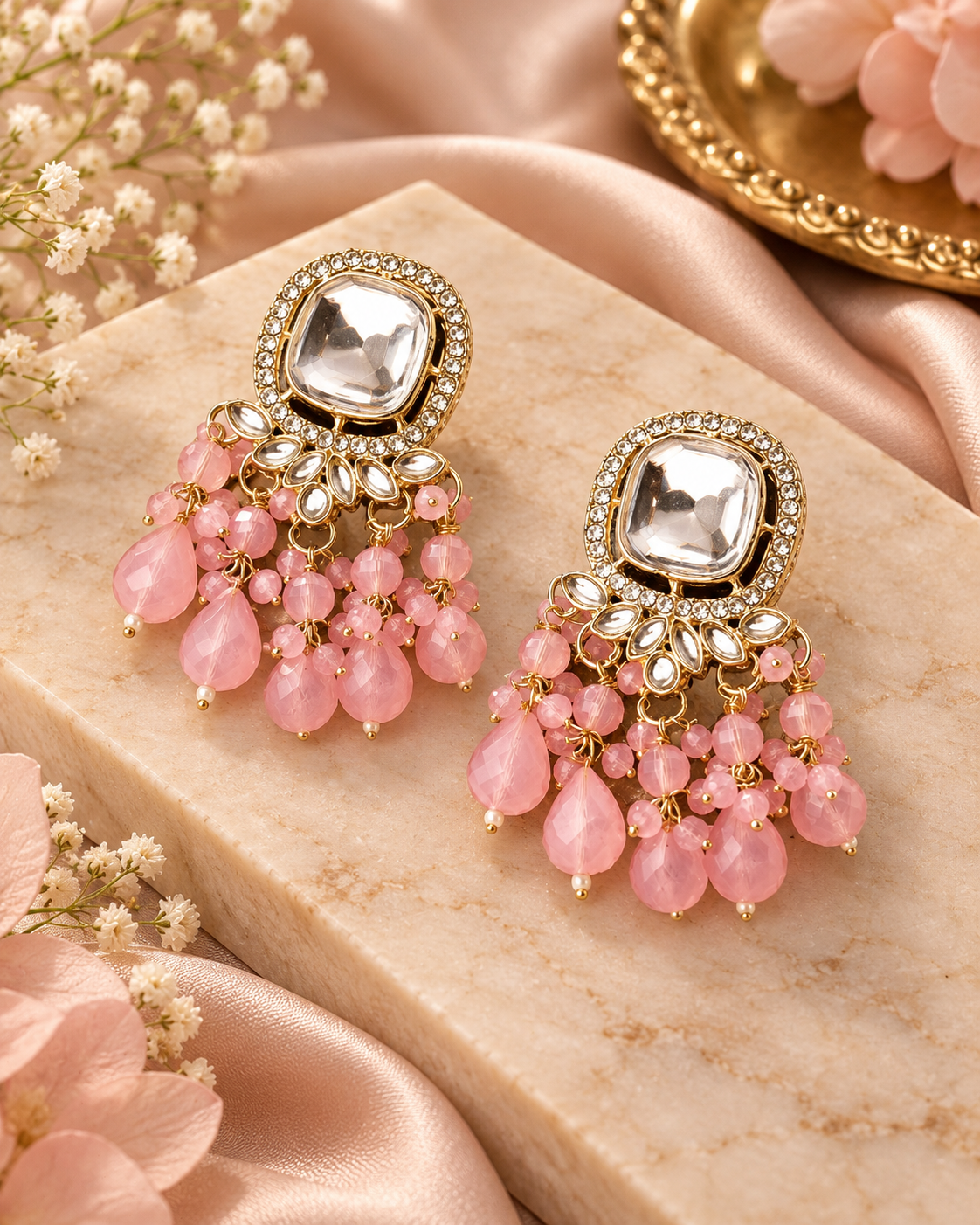 Square Kundan Earrings with Round Crystal Centerpiece Gold Plated Earrings