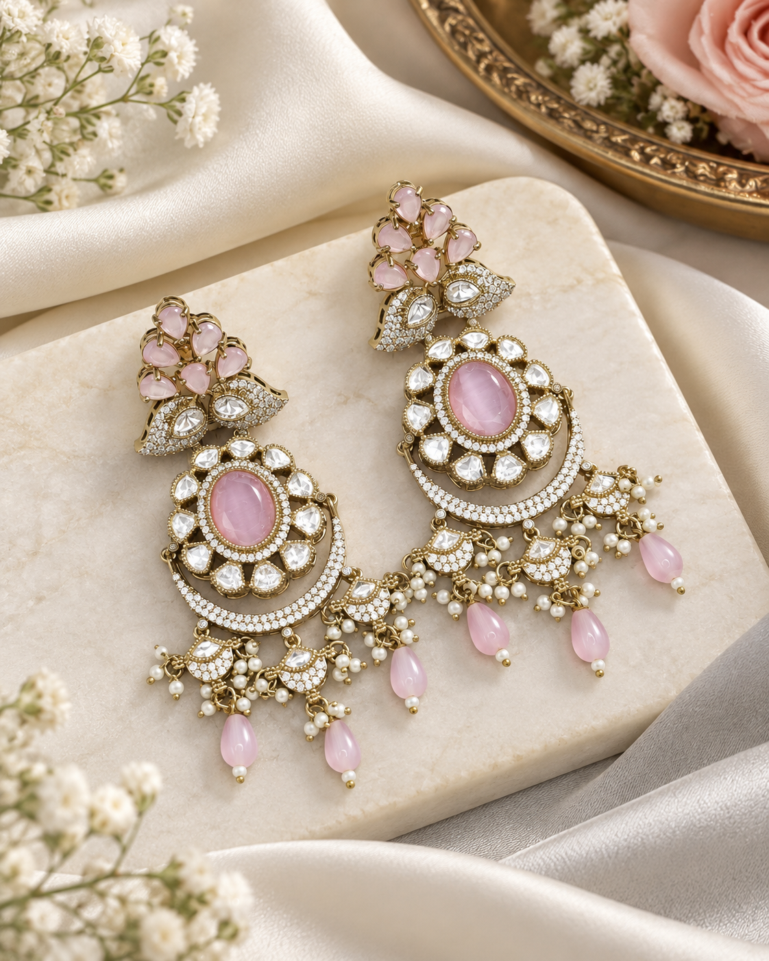 Intricate Stone-Studded Medallion Chandelier Earrings