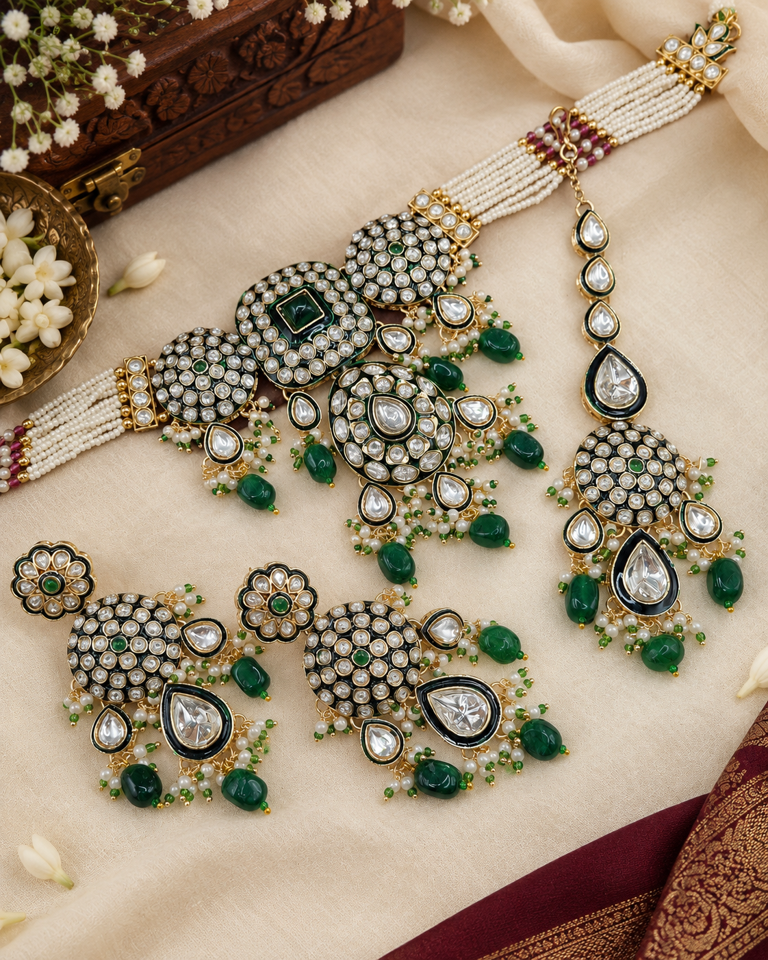 Royal Kundan & Pearl Choker Necklace Set with Maang Tikka & Earrings