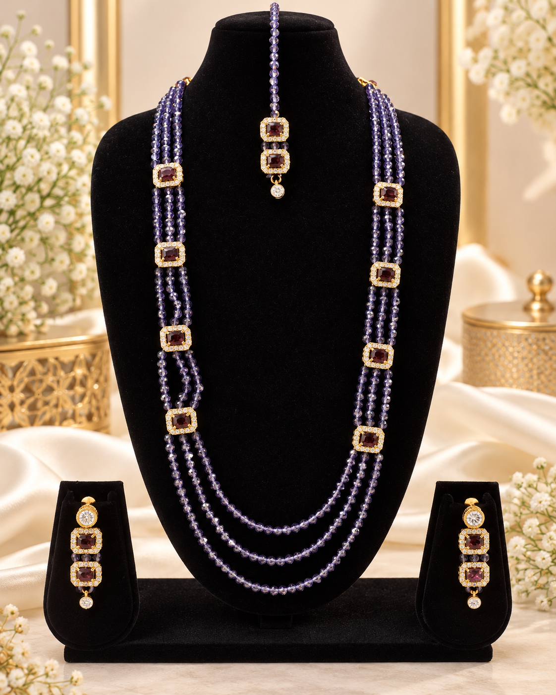 Handcrafted Multi-Strand Crystal Rani Haar & Earring Set