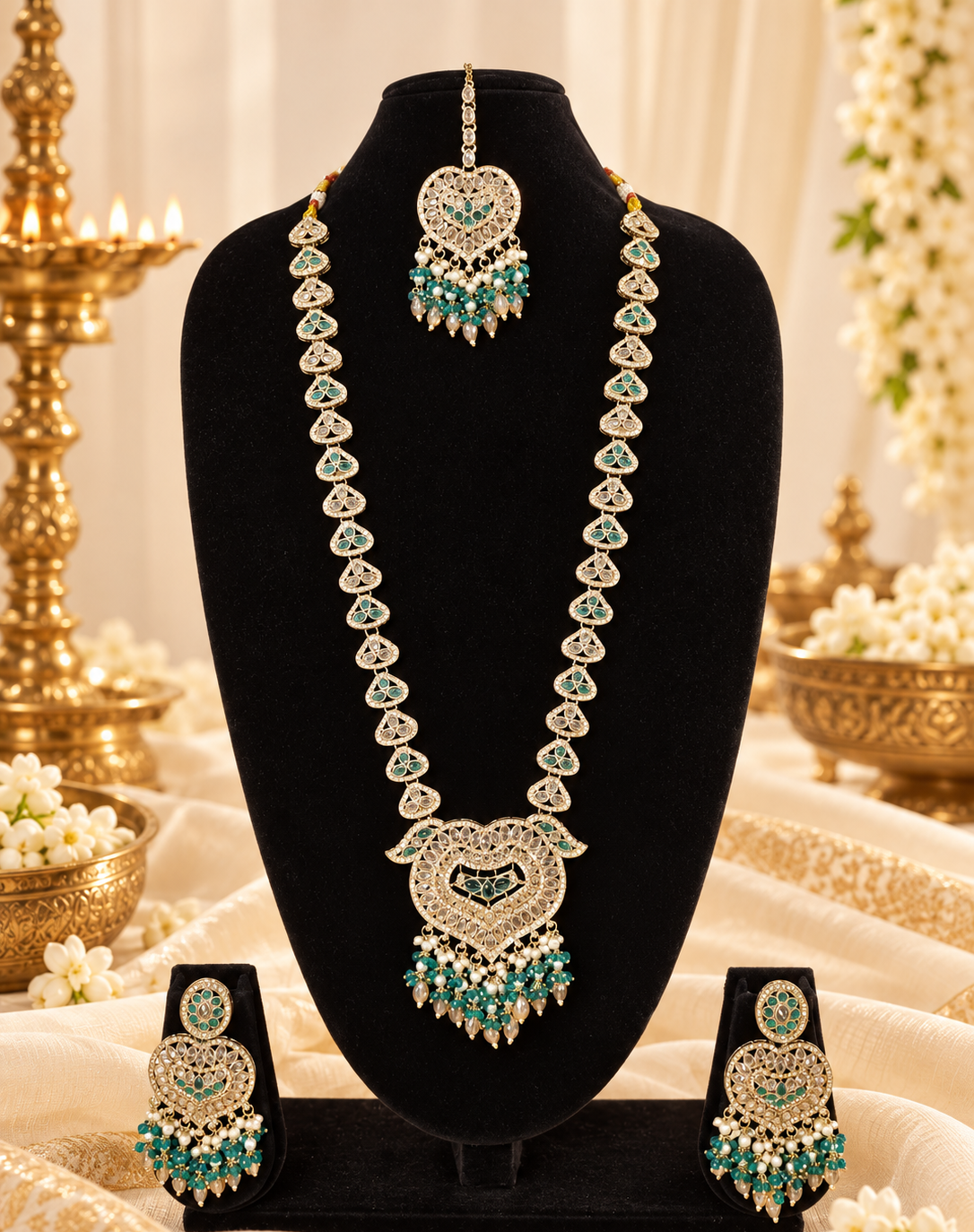 Lavender Purple Heart Shaped Long Necklace Set with Earrings & Maang Tikka