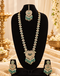 Lavender Purple Heart Shaped Long Necklace Set with Earrings & Maang Tikka