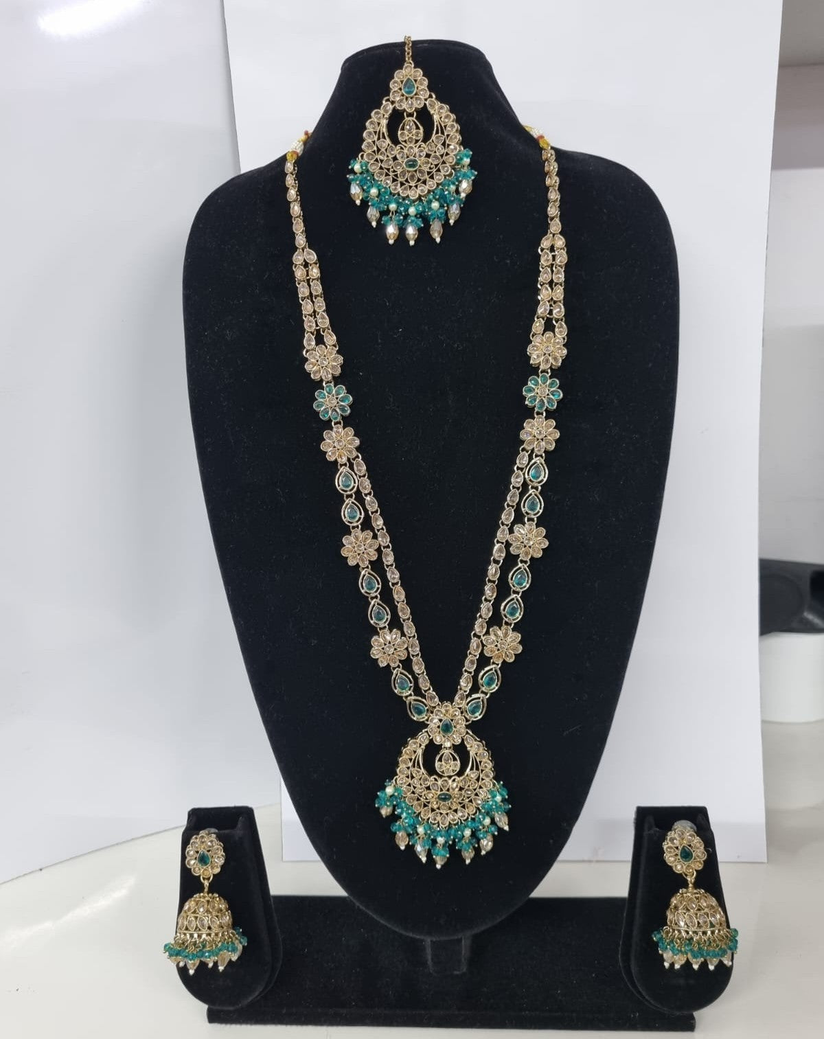 Rose Petal Pink Stone Long Necklace Set with Jhumkas