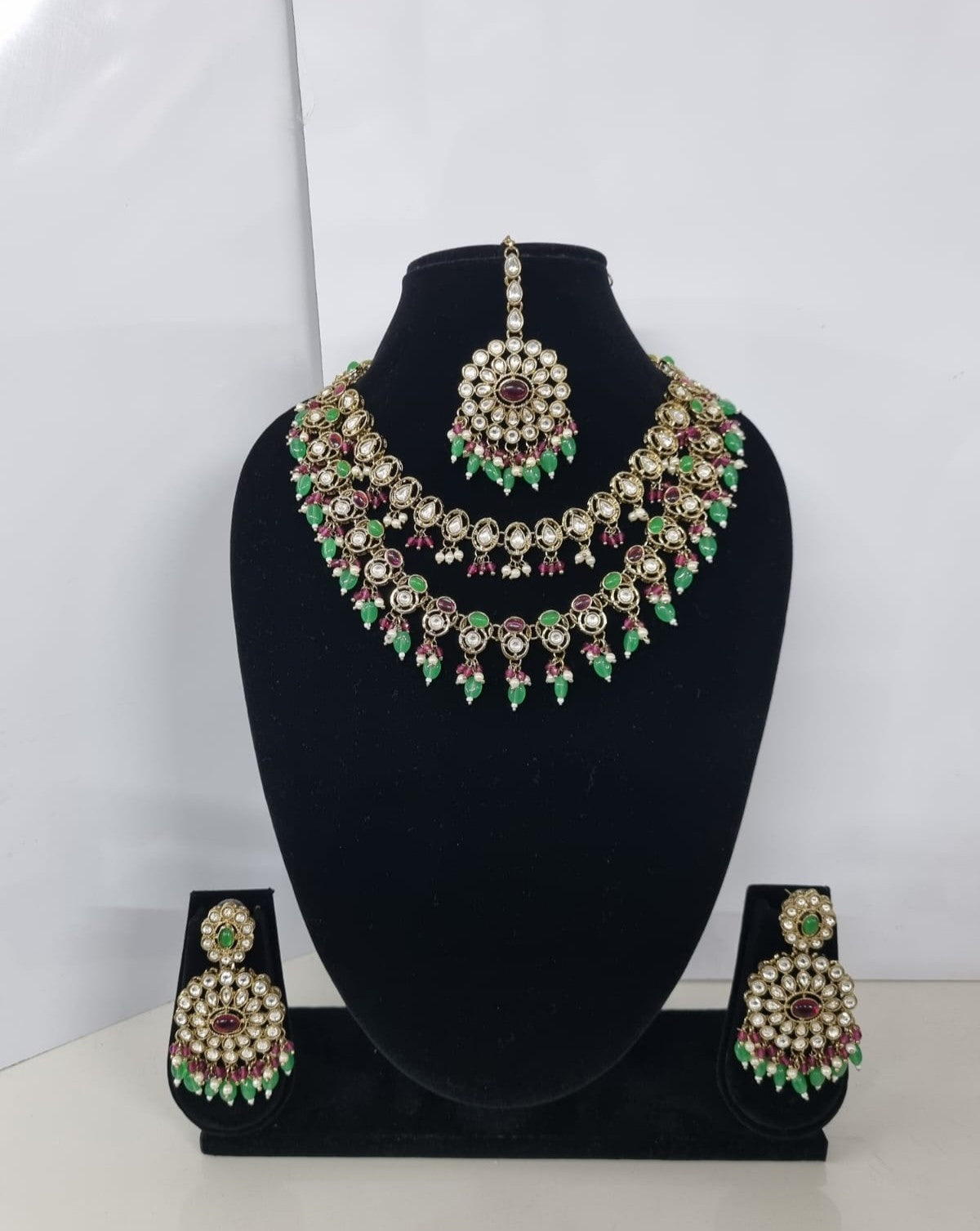 Royal Blue Layered Necklace Set Round Earrings & Maang Tikka