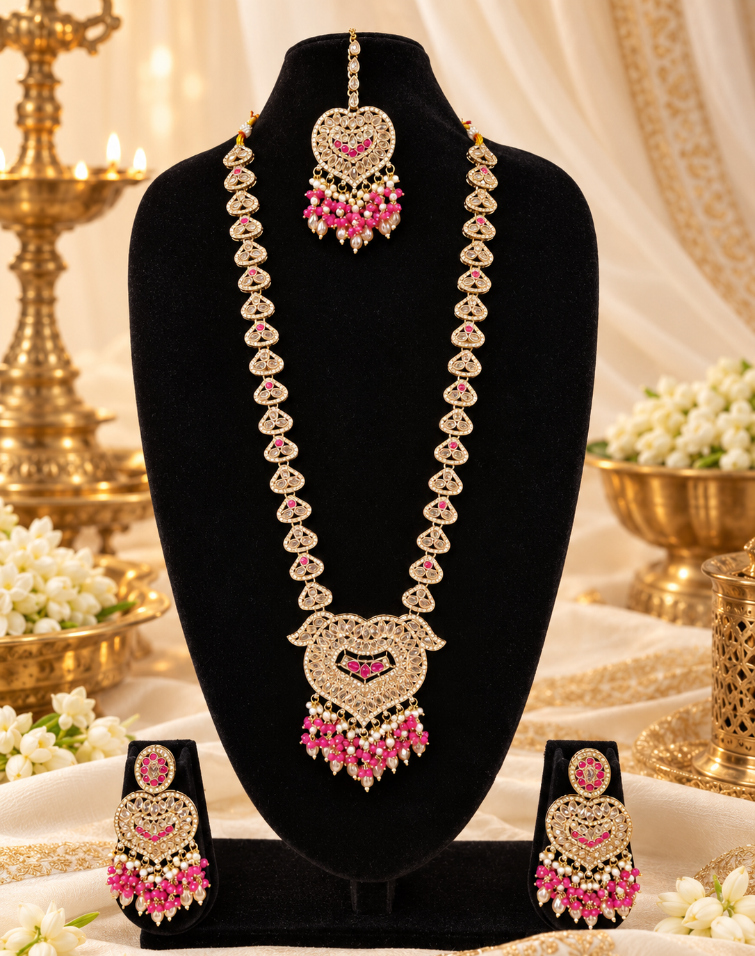 Lavender Purple Heart Shaped Long Necklace Set with Earrings & Maang Tikka