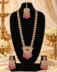 Lavender Purple Heart Shaped Long Necklace Set with Earrings & Maang Tikka