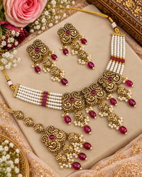 Antique Gold Pearl Strand Choker Necklace Set with Earrings & Maangtikka