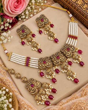 Antique Gold Pearl Strand Choker Necklace Set with Earrings & Maangtikka