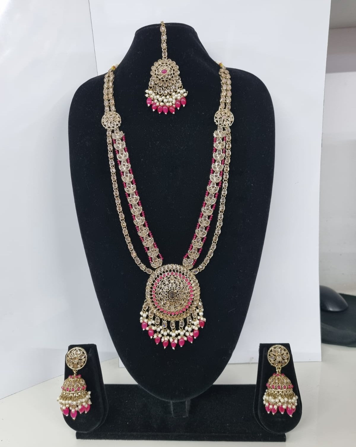 Traditional Pastel Sea Green Long Necklace Set with Jhumkas