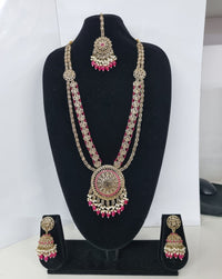 Traditional Pastel Sea Green Long Necklace Set with Jhumkas