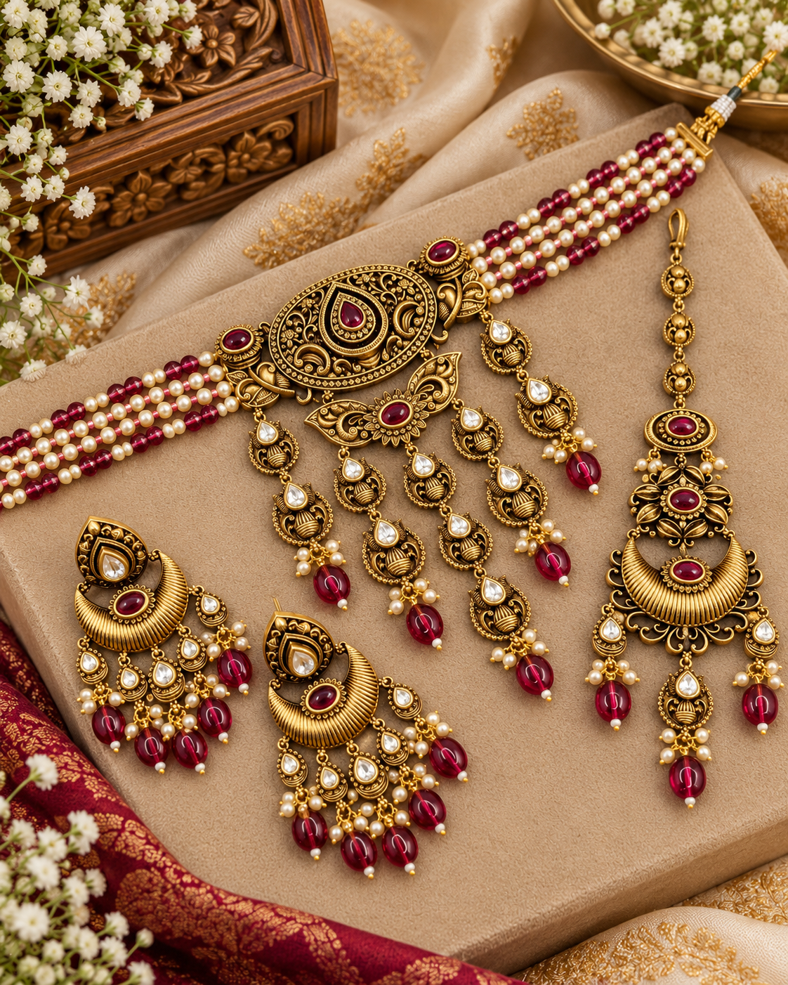 Antique Choker Set with Earrings & Maang Tikka