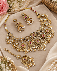 Antique Gold Floral Necklace Set with Jhumka Earrings & Maangtikka