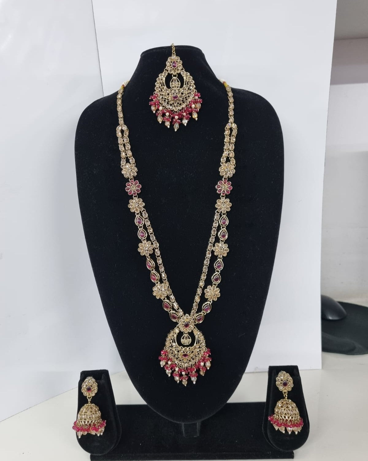 Rose Petal Pink Stone Long Necklace Set with Jhumkas