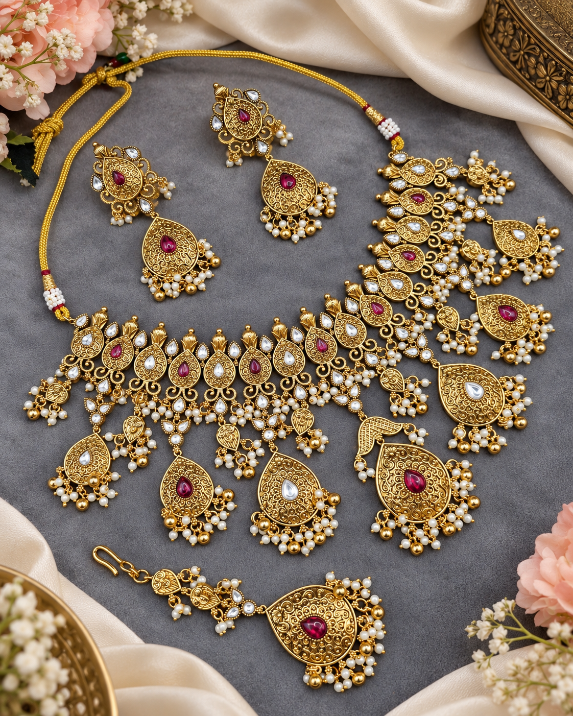 Antique Gold Floral Necklace Set with Earrings & Maangtikka
