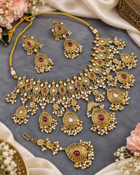 Antique Gold Floral Necklace Set with Earrings & Maangtikka