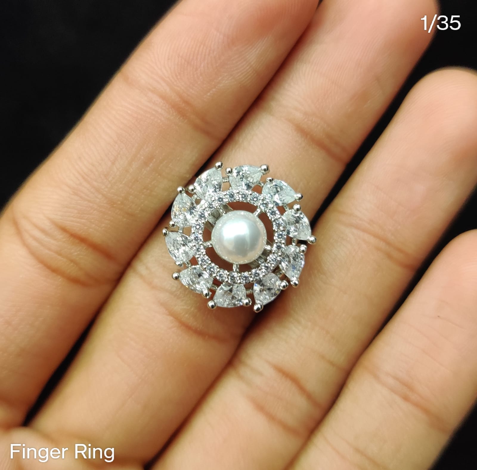 Statement Pearl Center CZ Finger Ring – Adjustable Floral Design