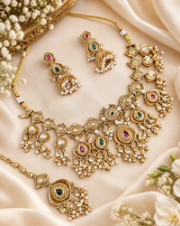 Antique Gold Floral Necklace Set with Jhumka Earrings & Maangtikka