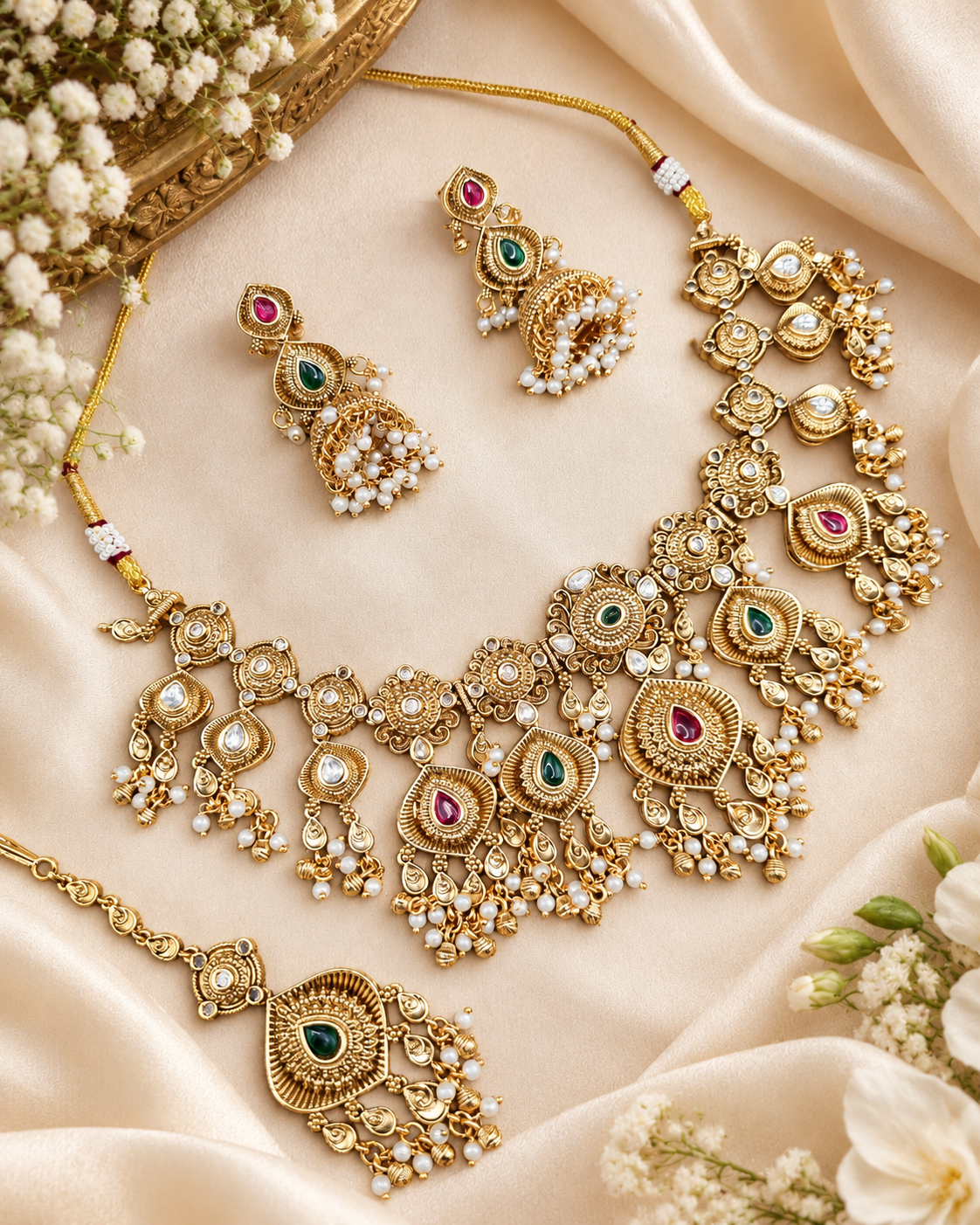 Antique Gold Floral Necklace Set with Jhumka Earrings & Maangtikka
