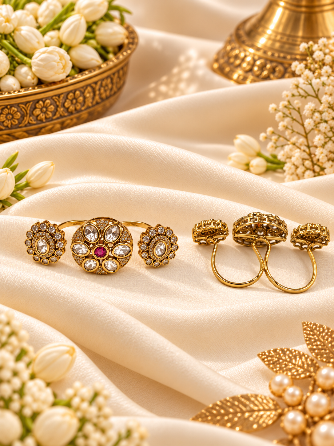 Floral Three-Finger Kundan Ring
