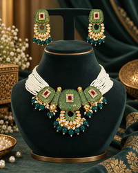 Meenakari Copper Pearl Mala Necklace Set with Matching Earrings