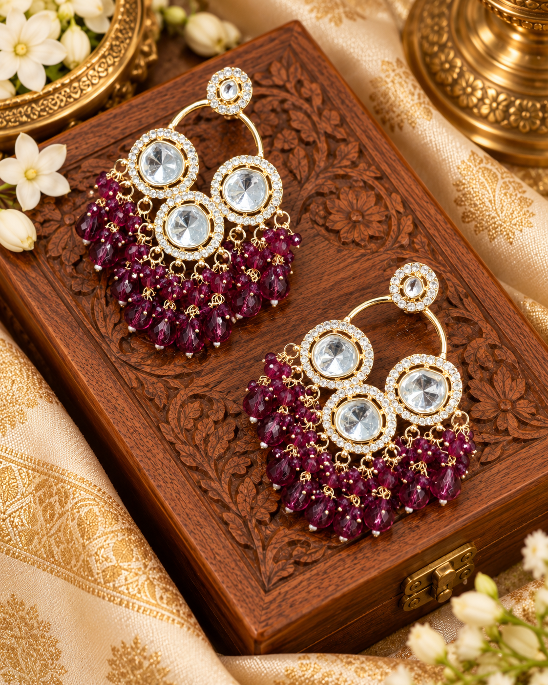 Traditional Forest Beaded Kundan Earrings with Brilliant Round Crystals