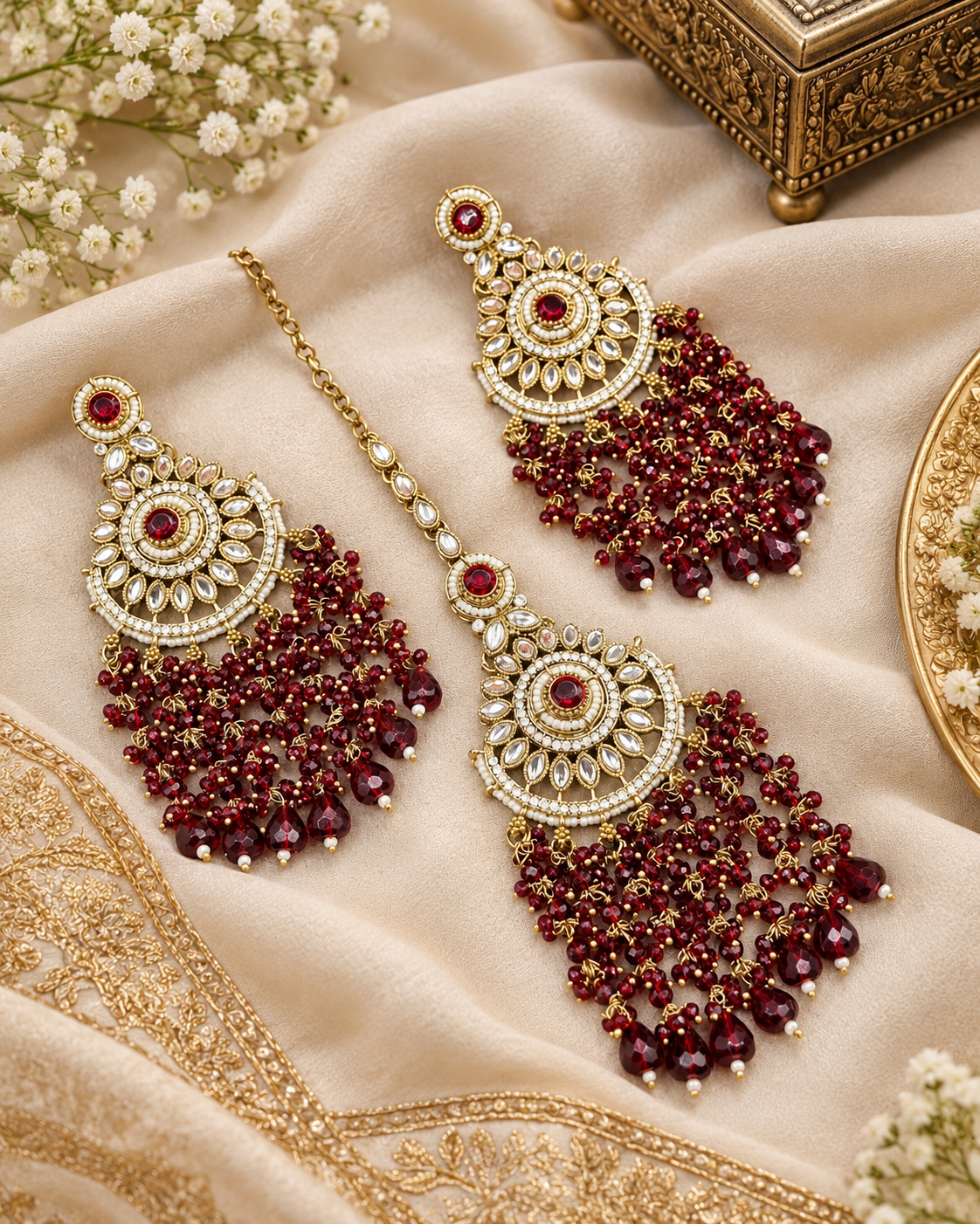 INTRICATE BEADED CHANDELIER EARRINGS & MAANGTIKKA SET