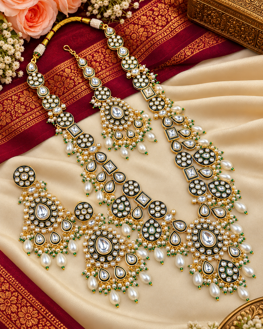 Long Kundan Haar Set with Earrings & Maang Tikka