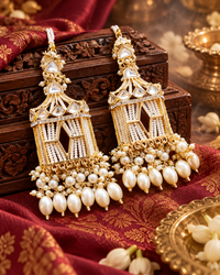 Traditional Style Gold Plated Earring With Hair Chain Oval Pearl Drops Earring For Woman