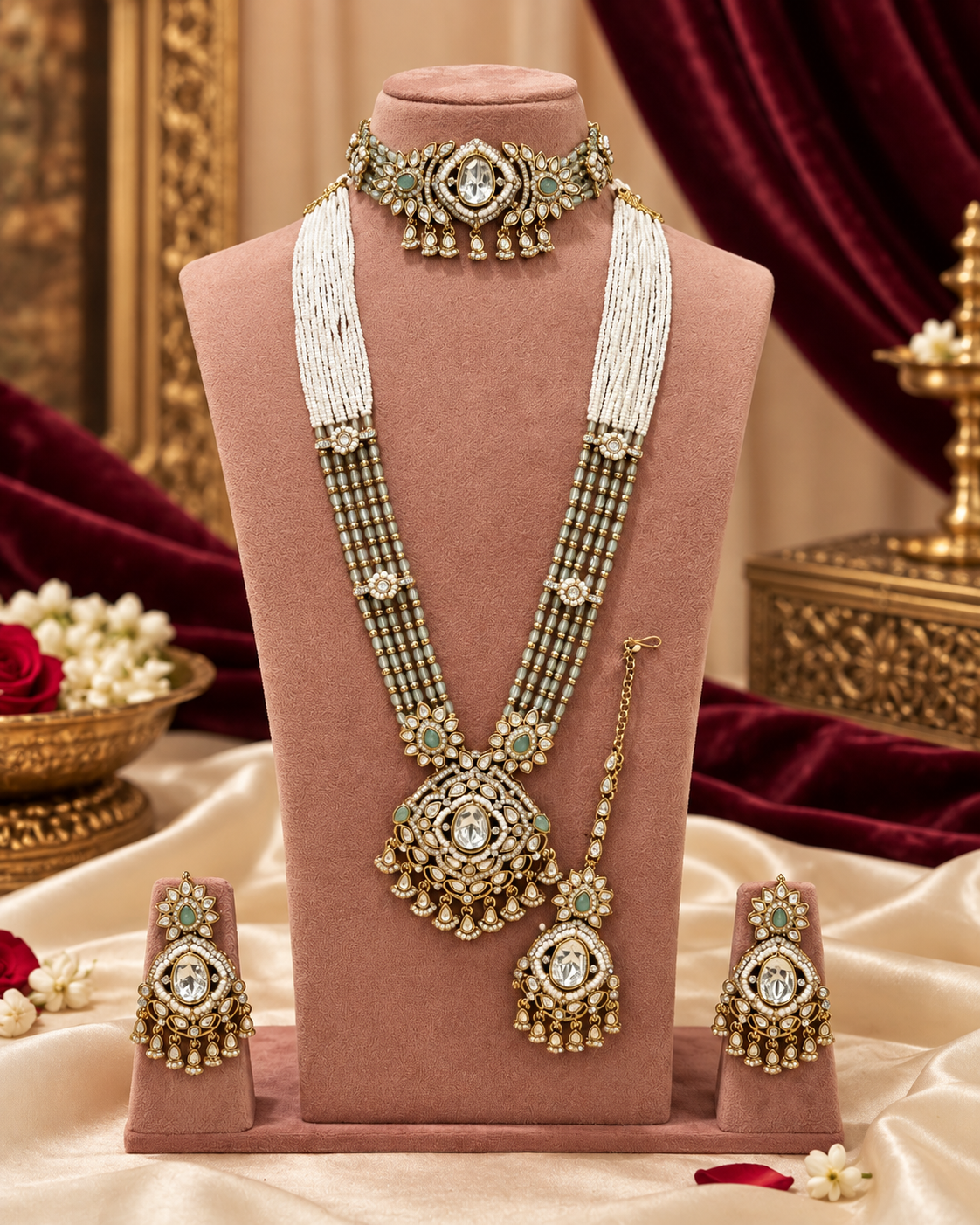 Kundan Bridal Jewelry Set with Choker, Rani Haar, Earrings & Maang Tikka