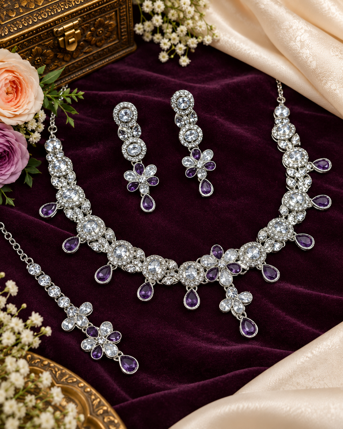 Floral Choker CZ Necklace Set with Maang Tikka & Earrings