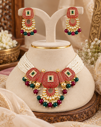 Meenakari Copper Pearl Mala Necklace Set with Matching Earrings