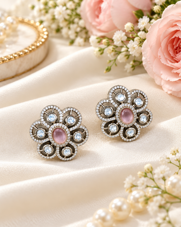 Floral Filigree Statement Stud Earrings with Pavé Accents
