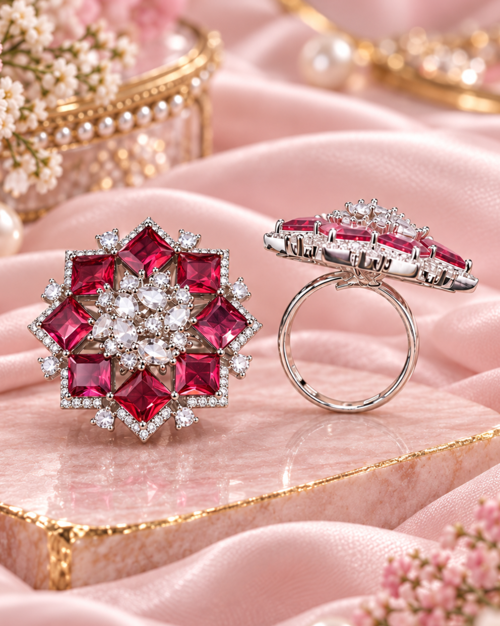 Blush Pink & Silver AD Cocktail Ring