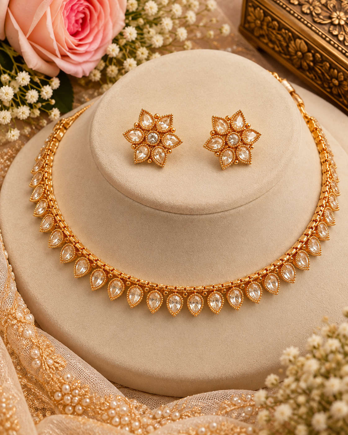 Elegant Tennis-Style Choker Necklace with Floral Stud Earrings