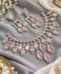 Ruby Pink & American Diamond Cascading Necklace Set