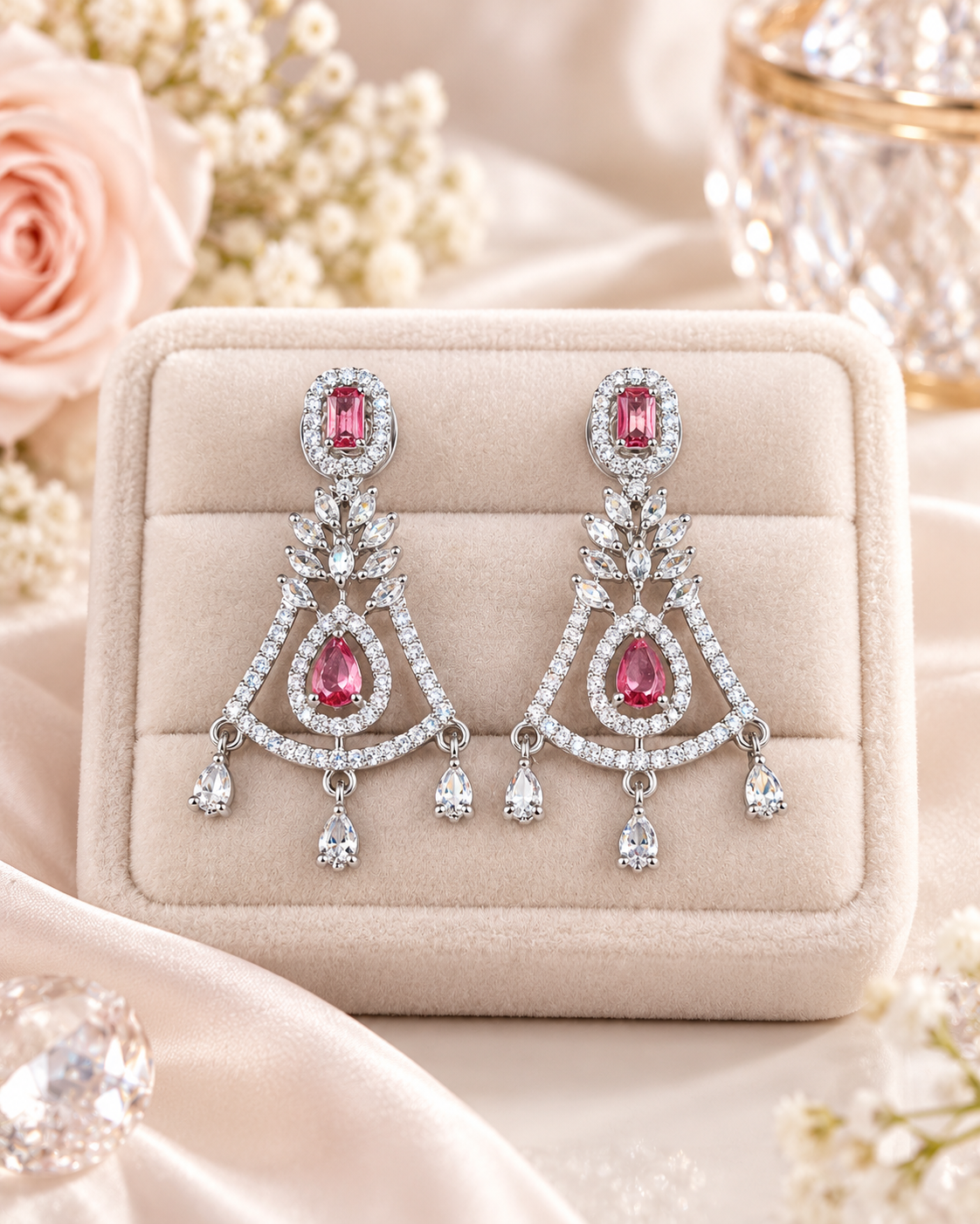Geometric Chandelier American Diamond Drop Earrings