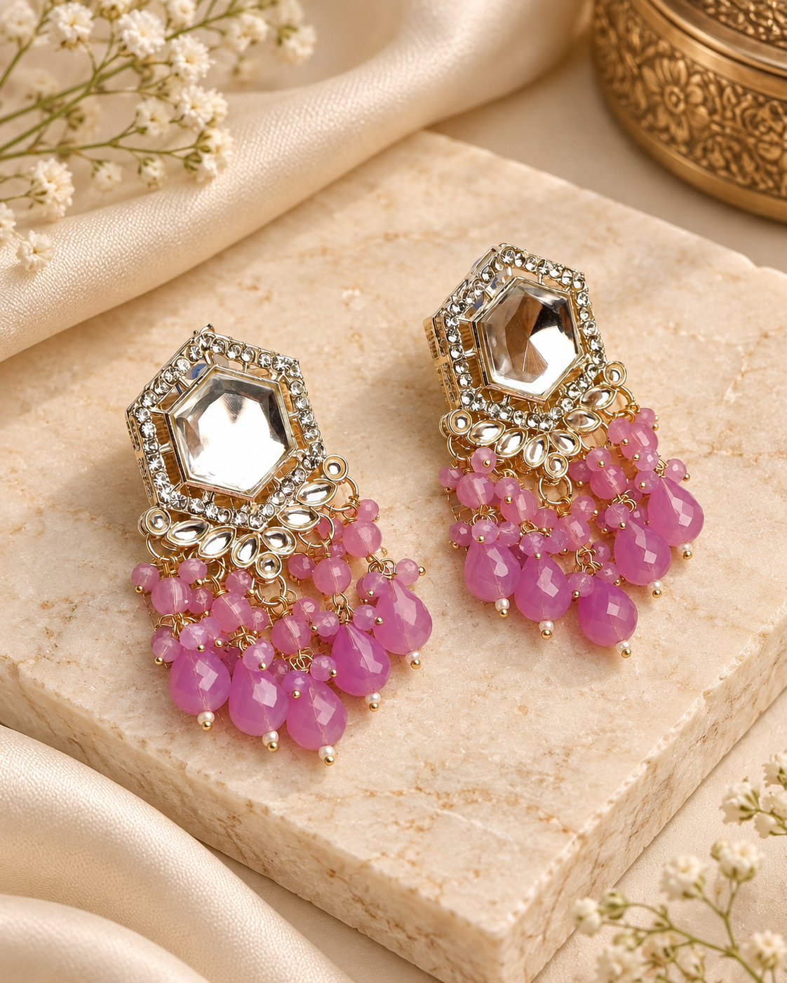 Traditional Hexagon Kundan Earrings Gold Plated Earrings for Woman Dangles