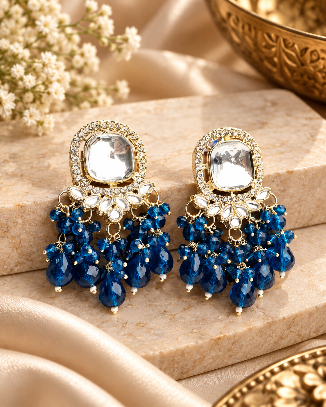 Square Kundan Earrings with Round Crystal Centerpiece Gold Plated Earrings
