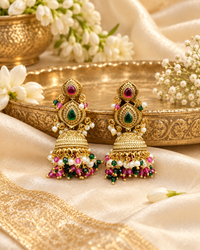 Antique Gold Finish Beaded Jhumka Earrings