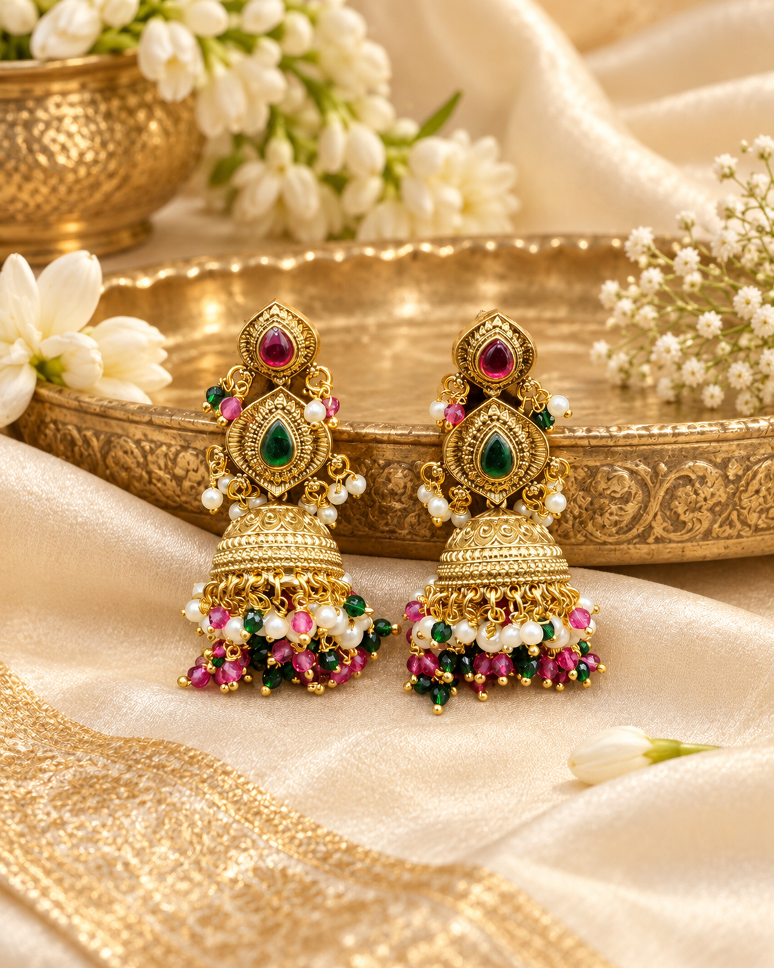 Antique Gold Finish Beaded Jhumka Earrings