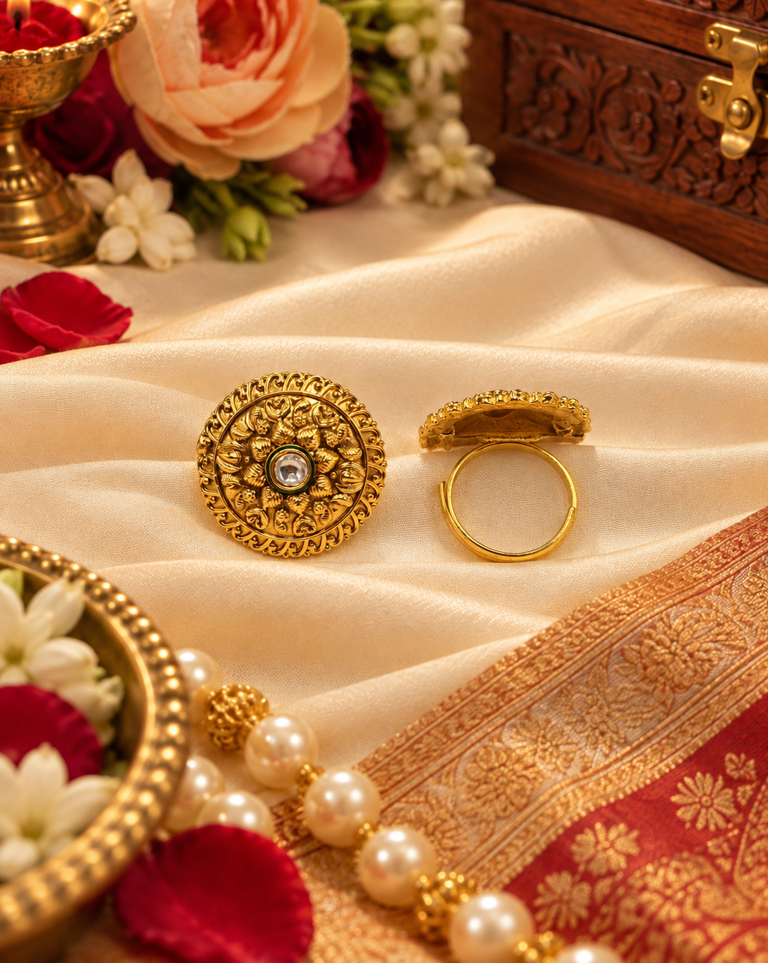 Traditional Embossed Floral Motif Adjustable Ring