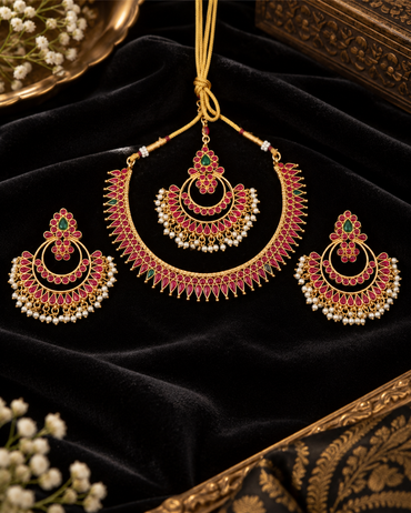 Royal Blue Stone Temple Jewellery Set with Maang Tikka