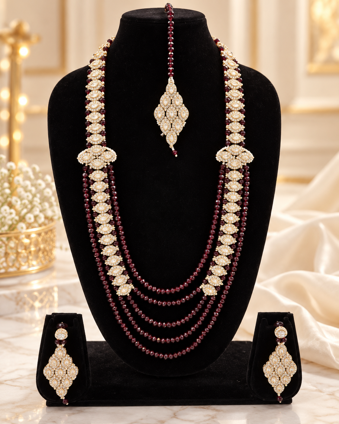 Multi-Layer Crystal Bead Long Mala Set with Floral CZ Motifs, Earrings & Maang Tikka