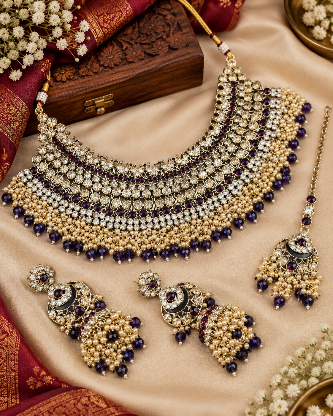 Bridal Rhinestone & Pearl Choker Necklace Set with Earrings & Maang Tikka