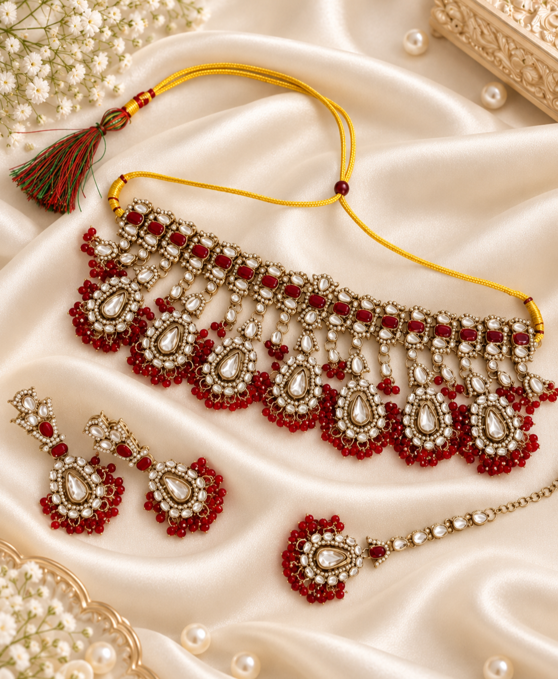 Antique Choker Necklace Set Pearl Drops Necklace Matching Earring & Maang Tikka For Women