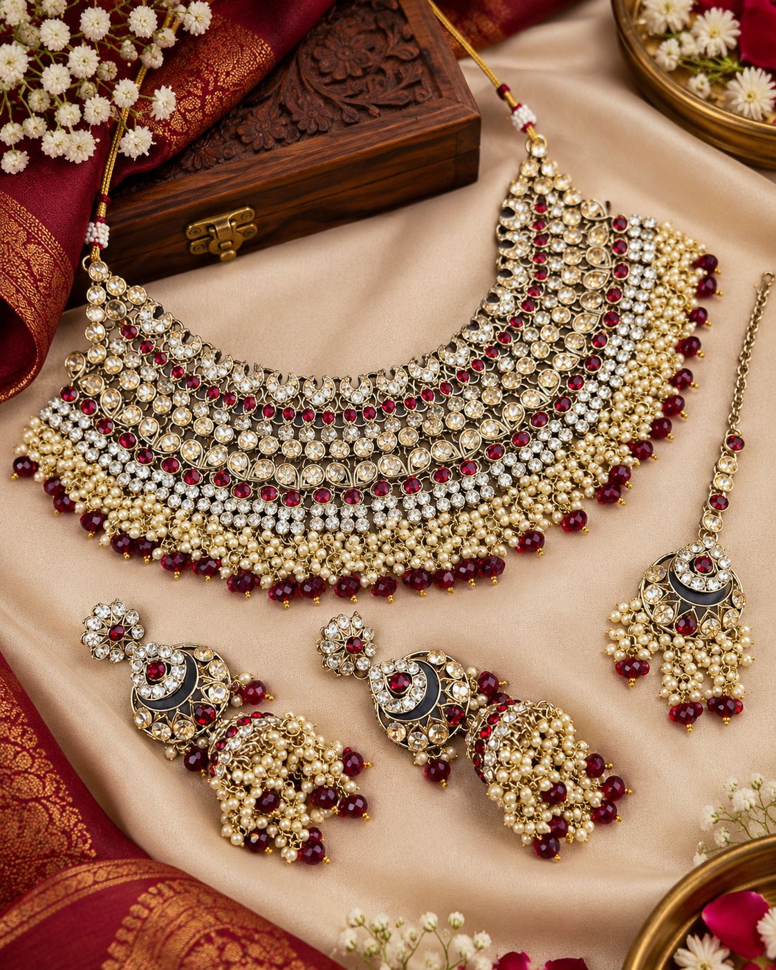 Bridal Rhinestone & Pearl Choker Necklace Set with Earrings & Maang Tikka