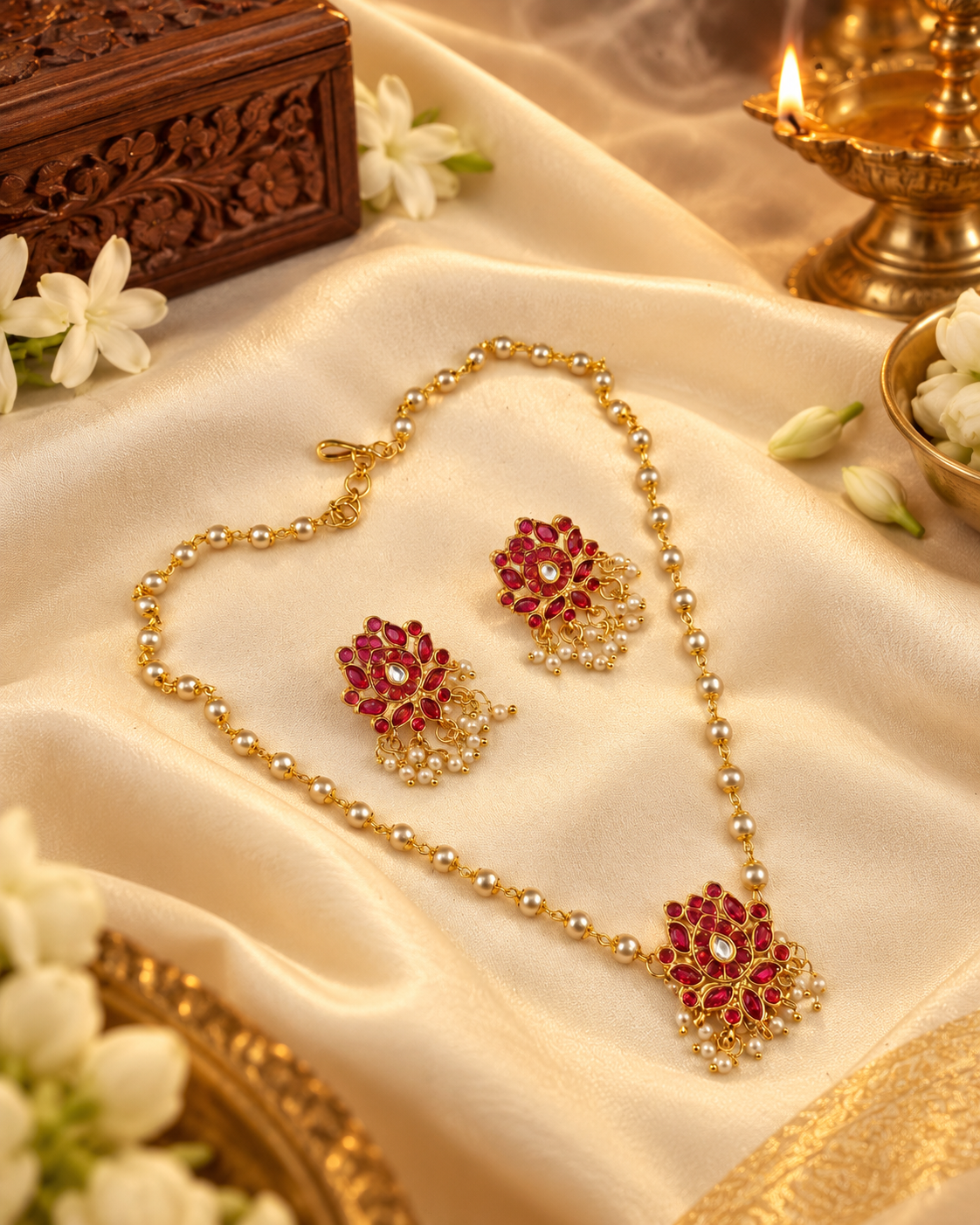 FLORAL STONE PENDANT & PEARL CHAIN JEWELRY SET  DESCRIPTION