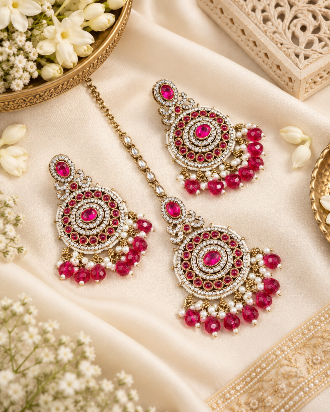 Ornate Circular Earrings & Maangtikka Set with Crystal Accents