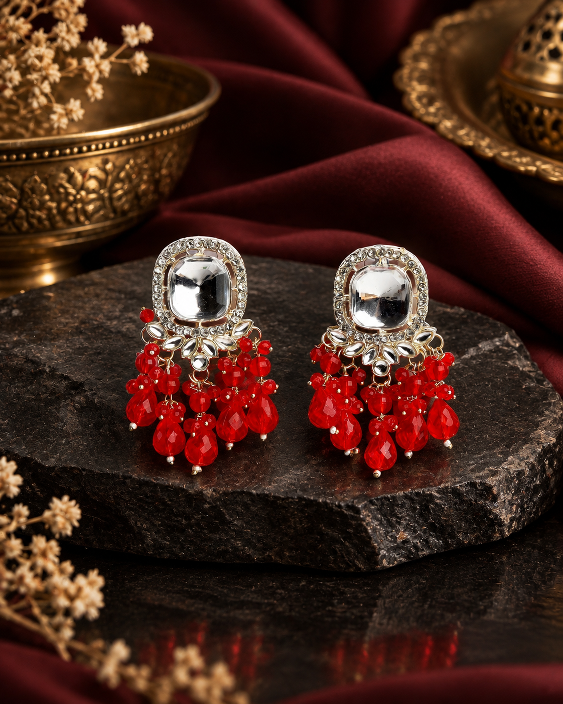 Square Kundan Earrings with Round Crystal Centerpiece Gold Plated Earrings