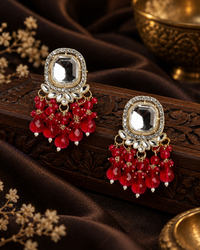 Square Kundan Earrings with Round Crystal Centerpiece Gold Plated Earrings